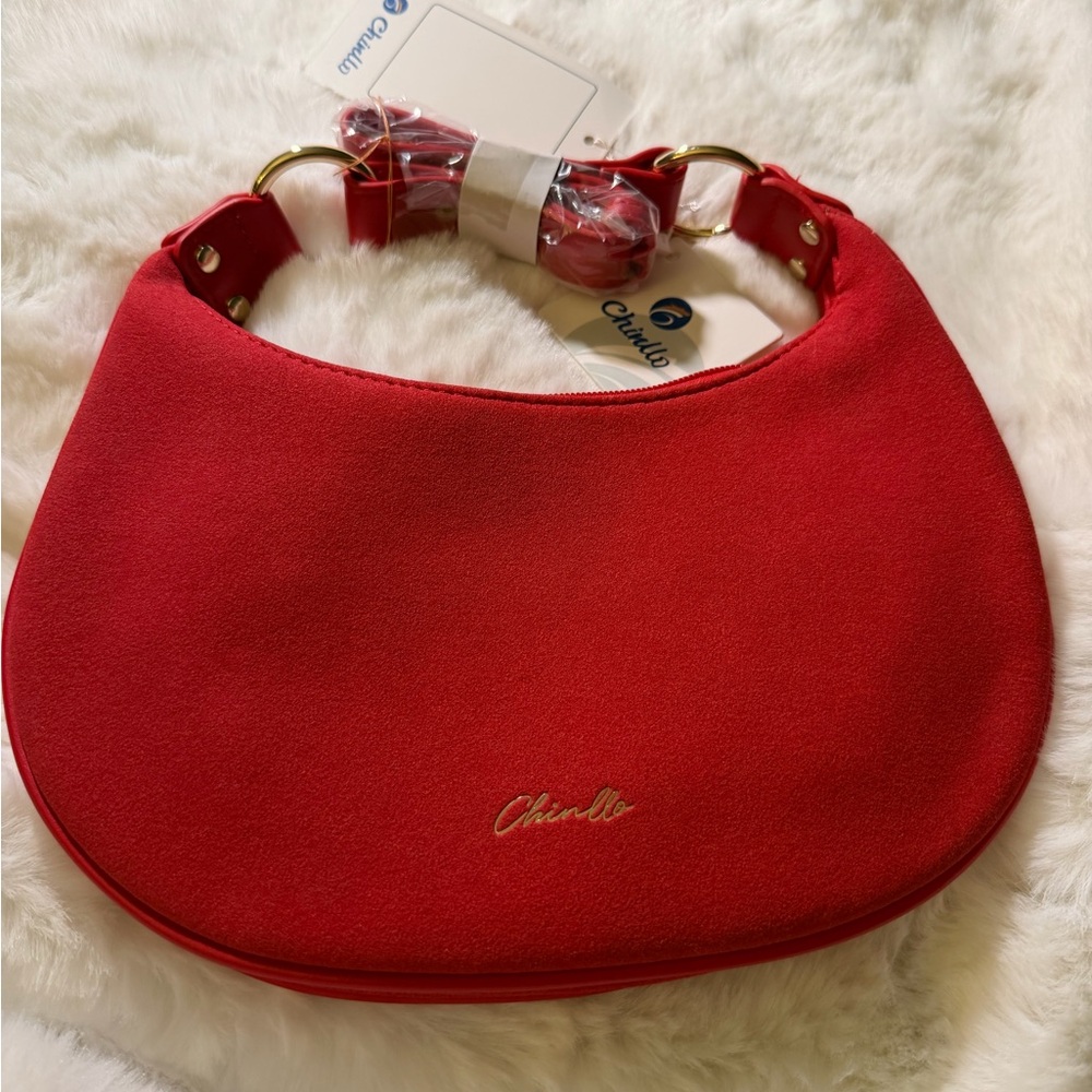 Red Crescent Shoulder Bag with Gold Hardware